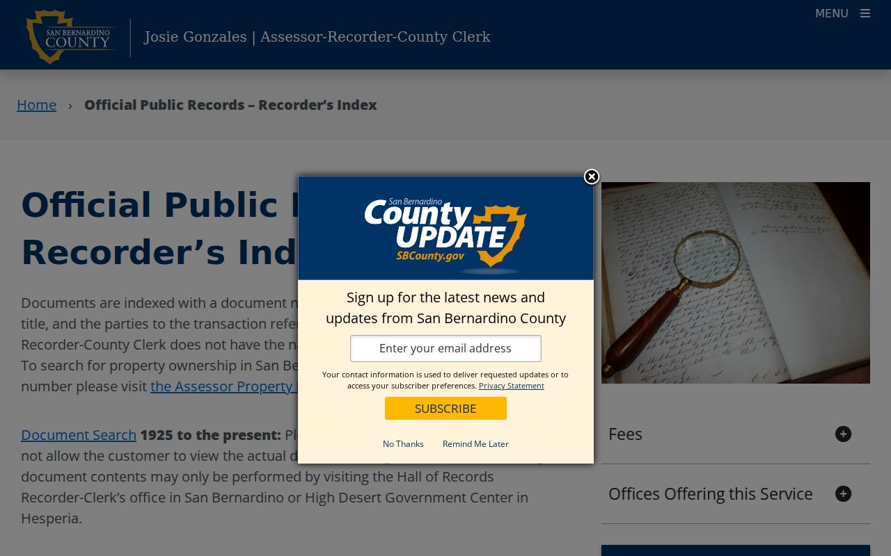 San Bernardino residents directory recorder index reference