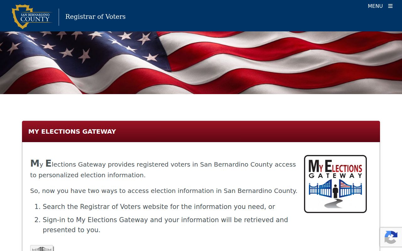 San Bernardino resident lookup showing My Elections Gateway voter status information
