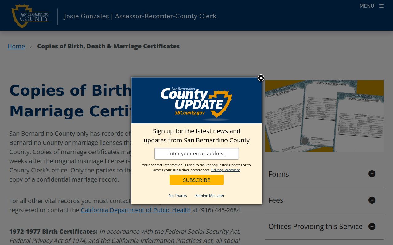 San Bernardino resident lookup showing county vital records application information